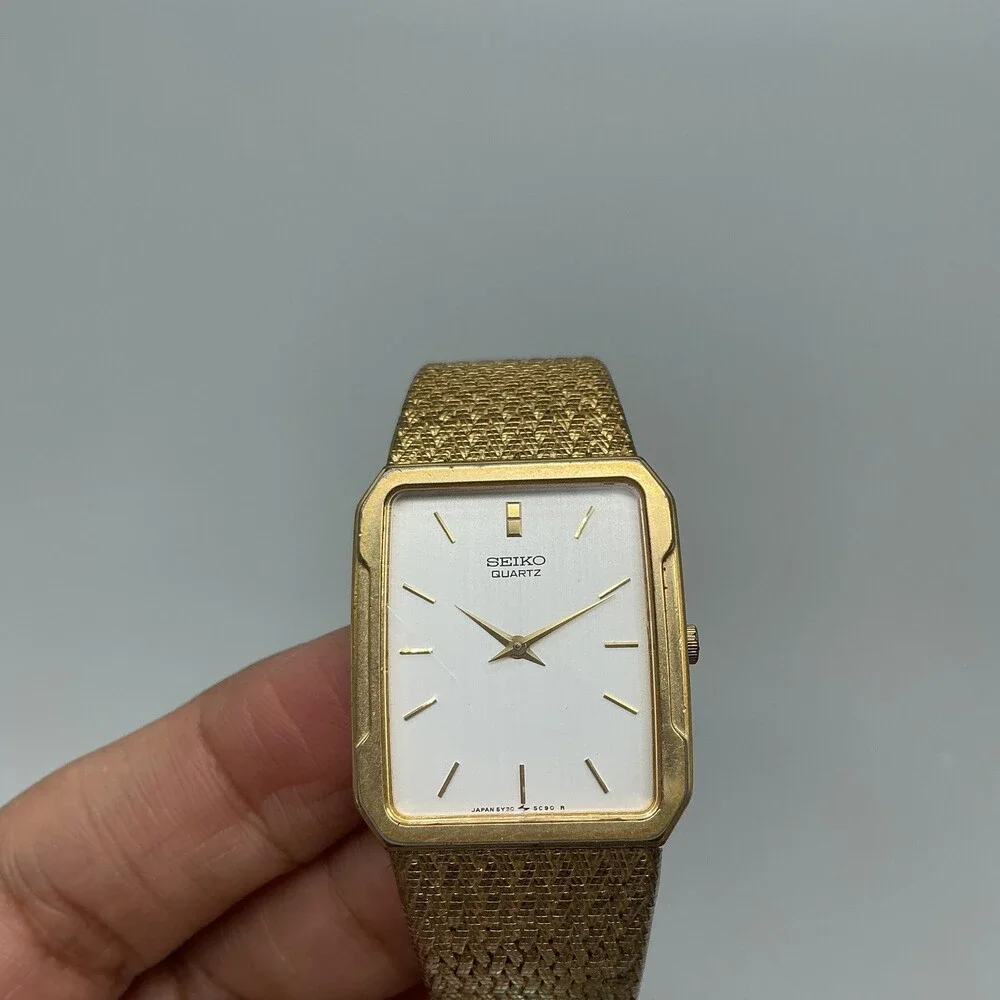Vintage Seiko Mens Watch 25mm Tank Gold Tone 5Y30-5849 New Battery 7
